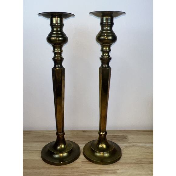 ANTIQUE BRASS CANDLESTICKS - 14.5” - 20th CENTURY - SET OF 2 - Picture 2 of 8